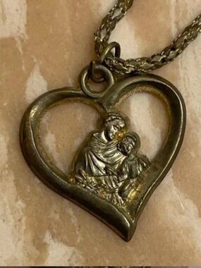 Mary and baby Jesus heart necklace